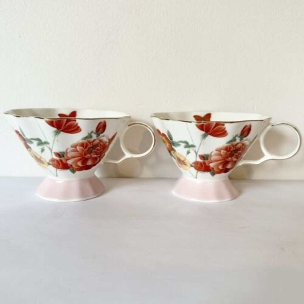 Meritage Set of 2 Coffee Mug/Tea Cups Pink Orange stoneware 19oz‎ -3” Beautiful